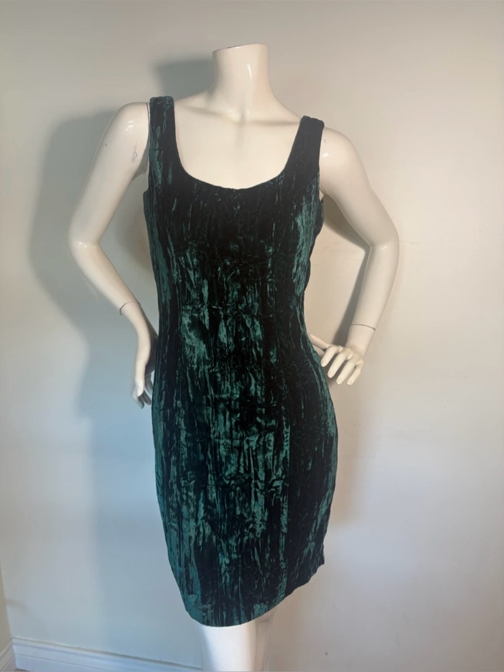 1980s Betsey Johnson Crushed Green Velvet Dress M